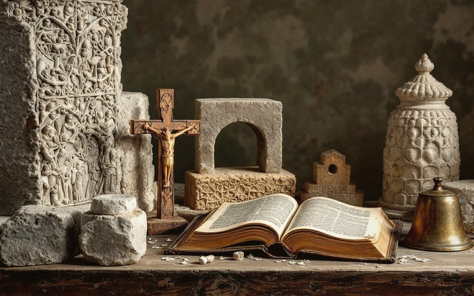 A crucifix, open bible, and carved stone artifacts arranged on a wooden table