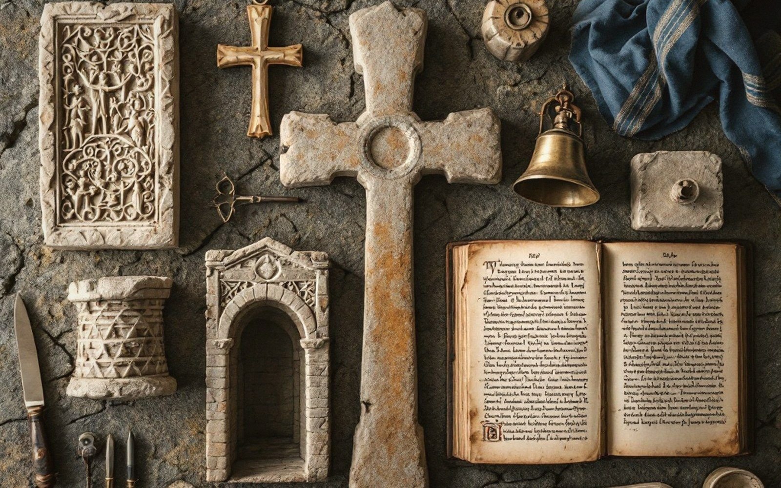 Stone crosses, a bell, carved panels and an open manuscript arranged on a rocky surface